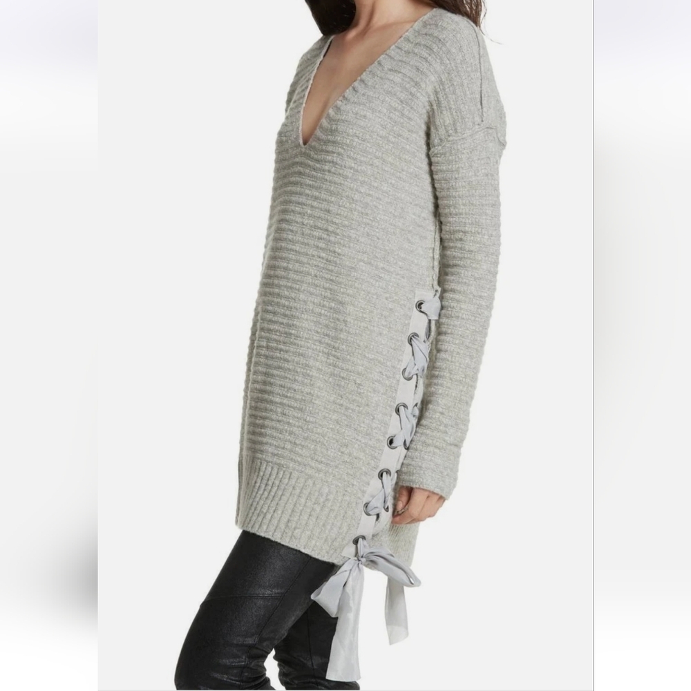 Free People, Heart It Laces Cross Side Sweater/Tunic Mini Dress, Gray, EUC, S